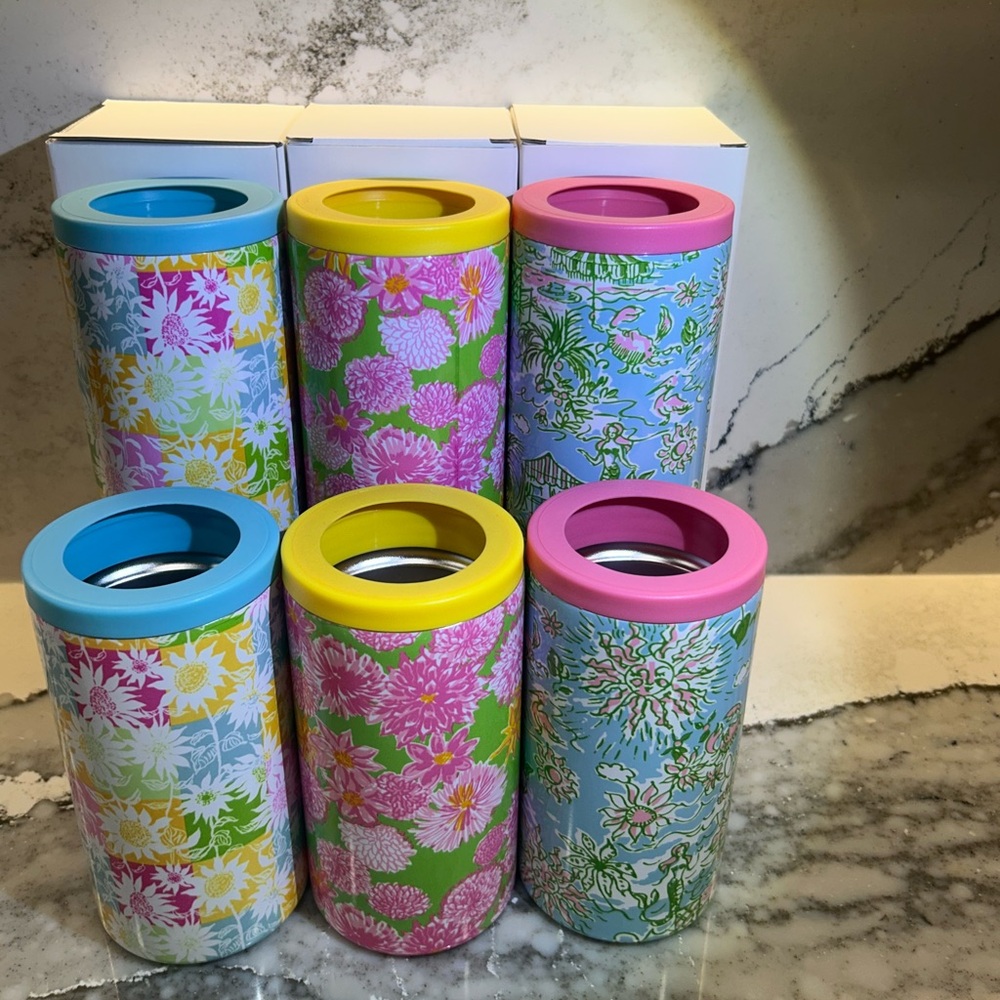 Lilly Pulitzer Floral Can Coolers - Pink, Yellow, Blue Set of 6 New in boxes - Picture 2 of 2
